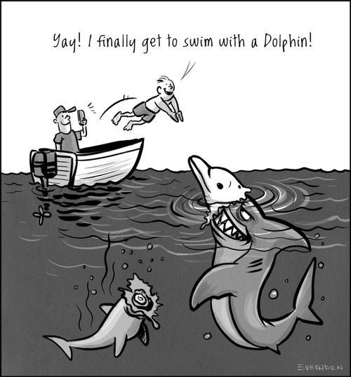 "Yay! I finally get to swim with a dolphin!"