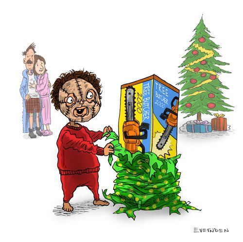 Child unwraps chainsaw Christmas present.