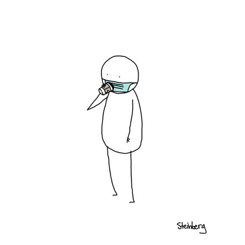 Man tries to drink coffee wearing face mask.