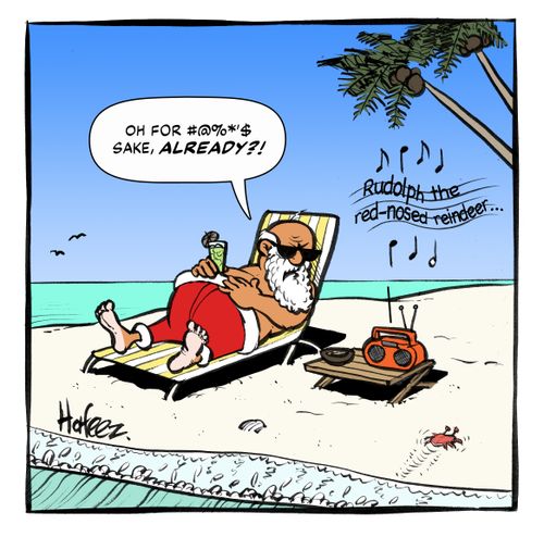 Santa hears mention of Christmas on the radio.