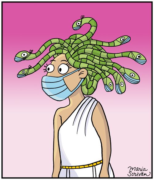 Medusa and snakes wearing facemasks.