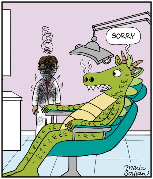 Dragon breathes fire on the dentist.