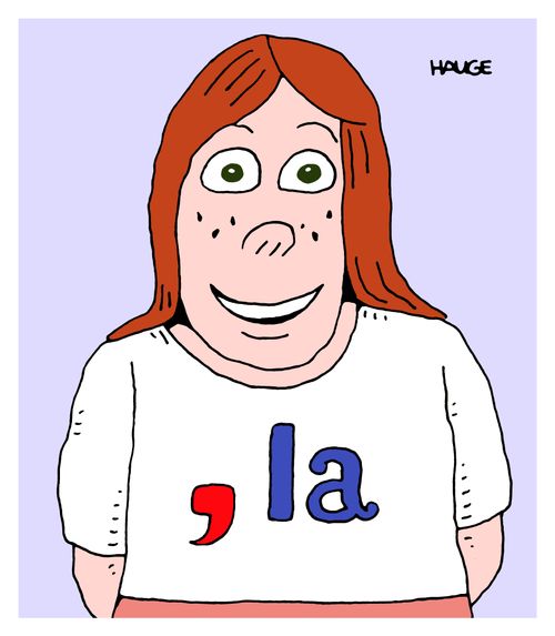 A girl wearing a t-shirt saying  ', la'