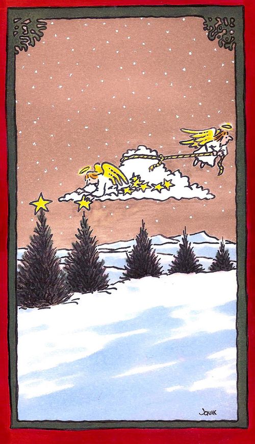 Angels putting stars on the top of Christmas trees