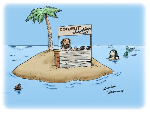 Coconut smoothies stand on desert island.