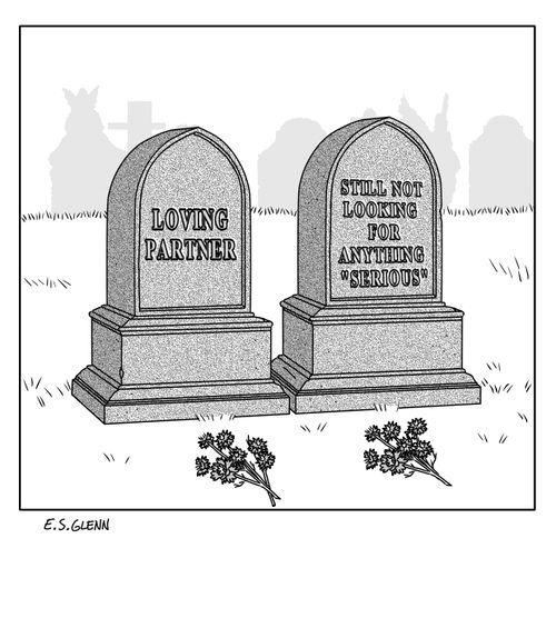 Gravestones read 'Loving partner' and 'Still not looking for anything serious'.