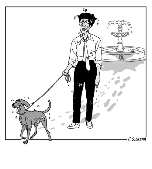 Man gets covered in fountain water as his dog shakes himself dry.