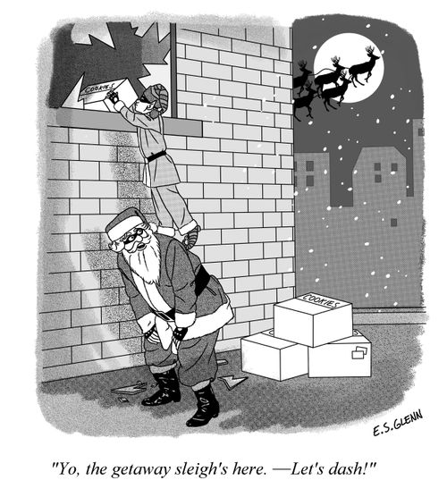 "Yo, the getaway sleigh's here. – Let's dash!"