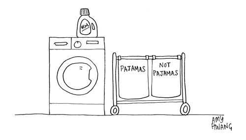 Laundry baskets labelled 'pajamas' and 'not pajamas'.
