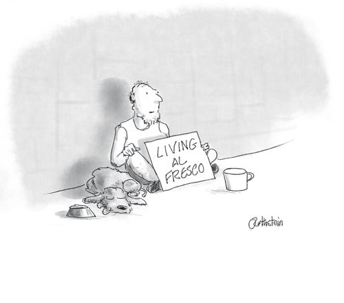 Homeless man holds sign reading 'Living Al Fresco'.