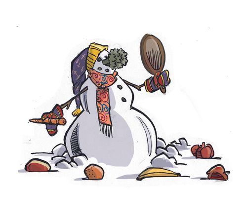A snowman trying on different noses
