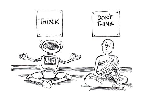 Guru and robot meditate next to each other.