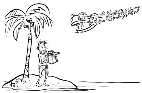 Santa Claus delivers present to man stranded on desert island.