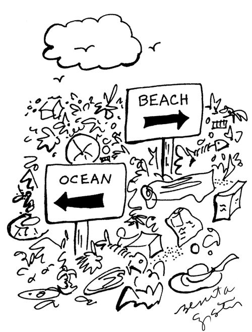 Signs pointing out the ocean and beach because it is covered in litter.