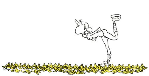 A woman ice skating over banana skins