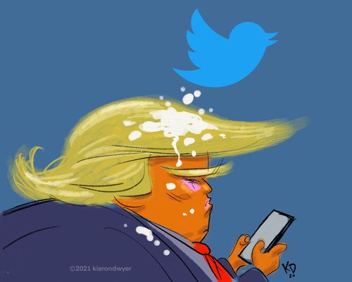 A twitter logo pooping on Trump's head