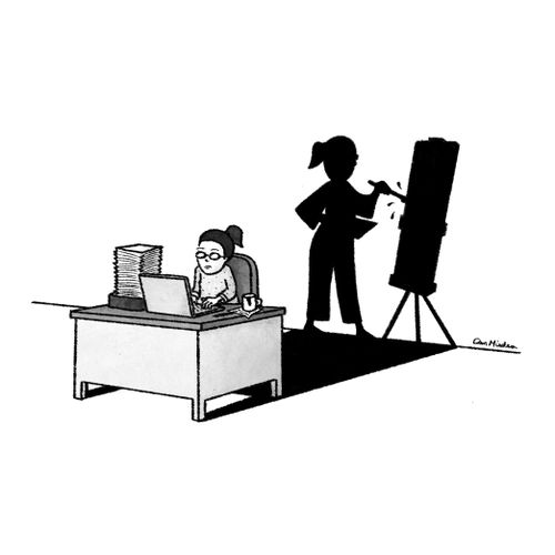Woman sat at desk whilst her shadow does her dream career of being an artist.