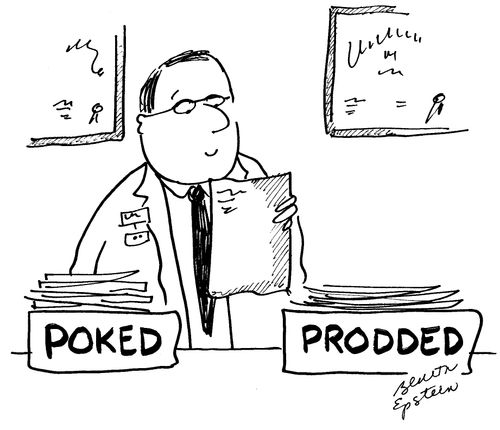 Doctor organises medical documents into 'poked' and 'prodded' piles.