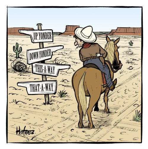 Cowboy directions 'Up yonder', 'Down yonder', 'This-A-Way' and 'That-A-Way'.
