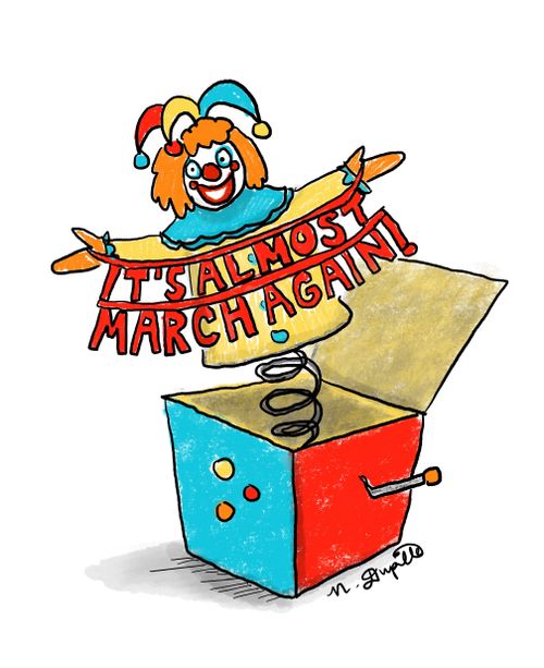 Jack-in-the-box reads 'It's almost March again!'
