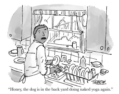 "Honey, the dog is in the back yard doing naked yoga again."