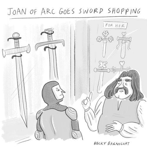Joan of Arc goes sword shopping.