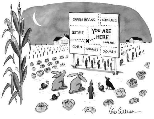 Pests examine a sign directing them to crops.