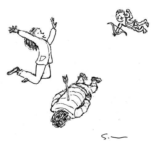 Cupid shoots man with an arrow