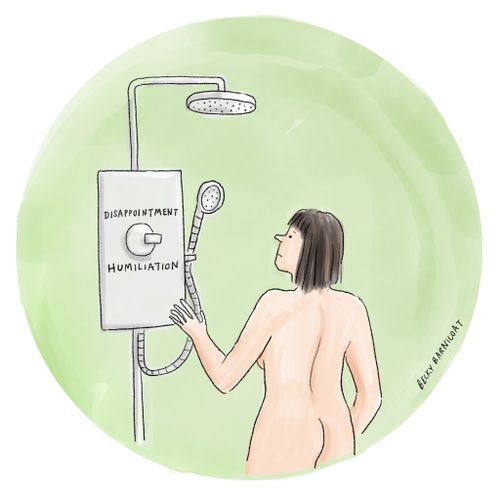 Shower with options for 'disappointment' or 'humiliation' on the dial.