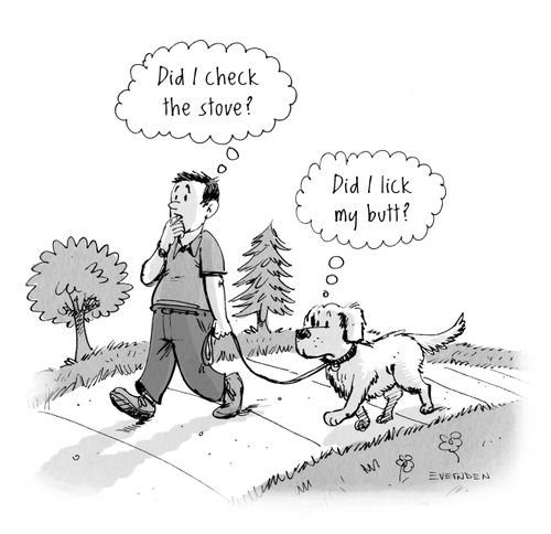Man and his dog walk along concerned about what they might've forgotten to do.