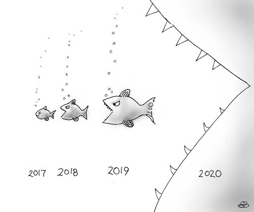 Each fish represents a year getting progressively aggressive and terrible.