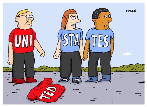 Republicans and Democrats representatives wearing t-shirts reading 'Uni States'.