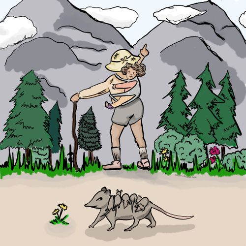 Mom hiking carries her child and a rat carries it's children on it's back.