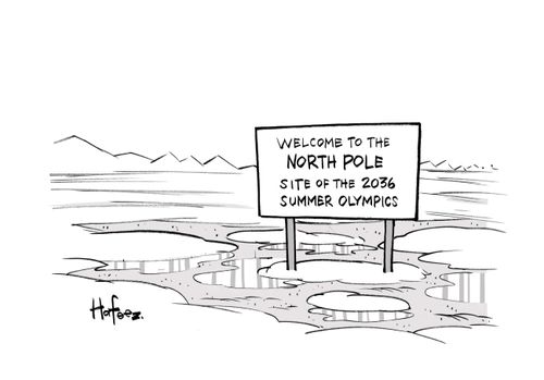 Sign reading 'Welcome to the North Pole. Site of the 2036 Summer Olympics'.