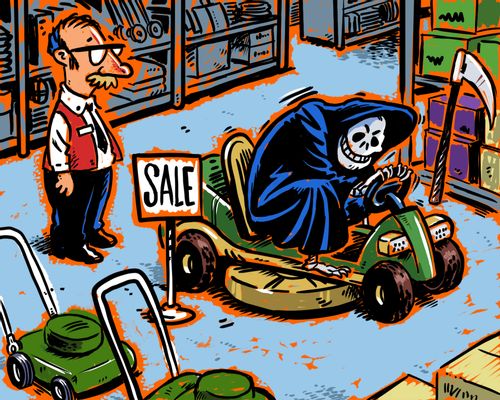 Death buys a new lawnmower.
