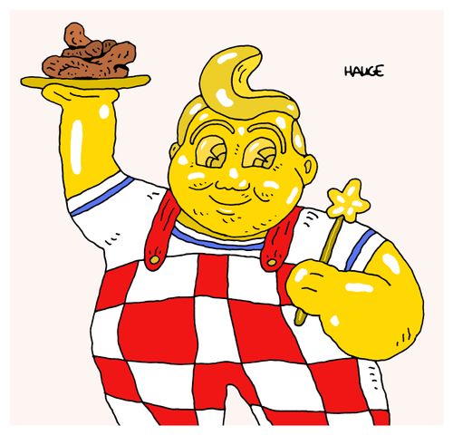 A golden Big Boy holding a plate of poop