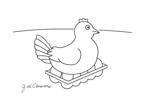 A chicken sits on a carton of eggs