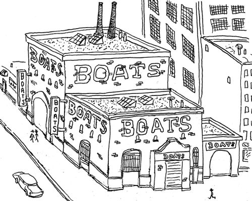 A building covered in signs reading 'boats'.