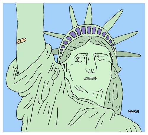Statue of liberty wearing a plaster
