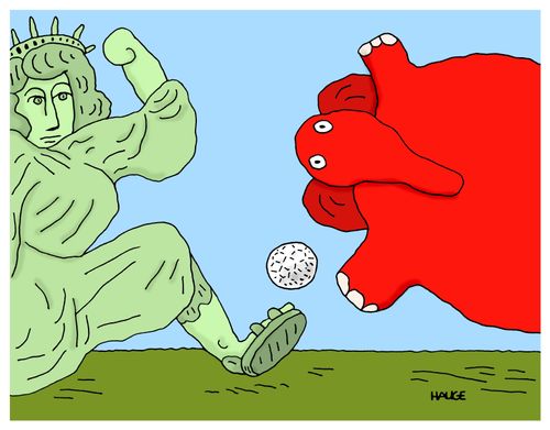 Statue of liberty playing soccer with the Republican elephant