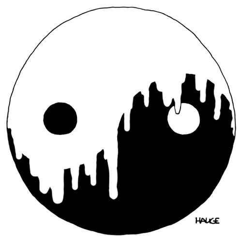 A yin and yang sign with dripping paint