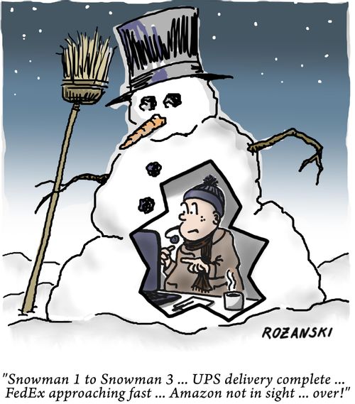 "Snowman 1 to snowman 3... UPS delivery complete... FedEx approaching fast... Amazon not in sight... Over!"