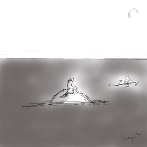 A man sitting on a desert island, watching the only palm tree float away