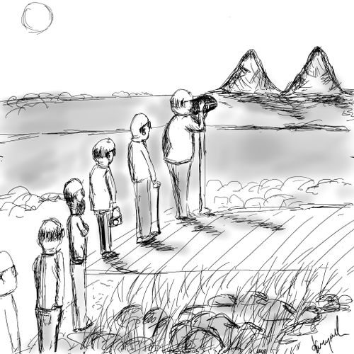 A queue to a telescope pointed at two mountains