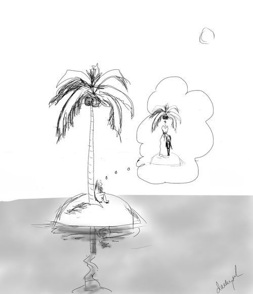 A man on a desert island dreaming of his wedding day