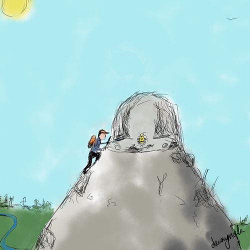 A man seeking wisdom from a bee at the top of a mountain