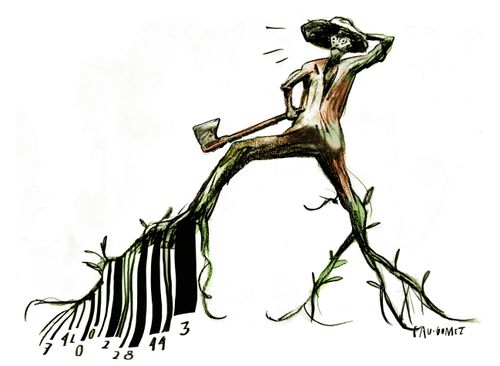 A man with roots and barcodes for legs