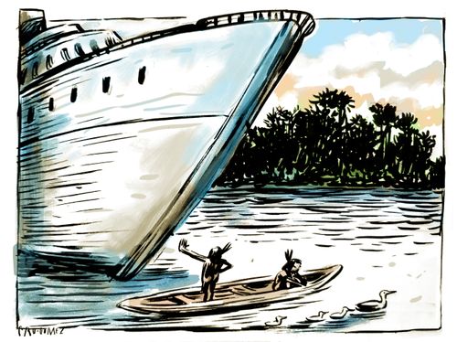 A man in a canoe attempts to stop a giant yacht 