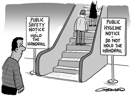 Public Safety Notice: Hold the Handrail/Public Hygiene Notice: Do Not Hold The Handrail