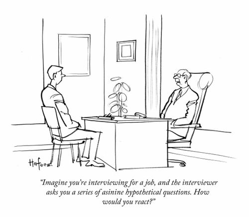 "Imagine you're interviewing for a job, and the interviewer asks you a series of asinine hypothetical questions. How would you react?"